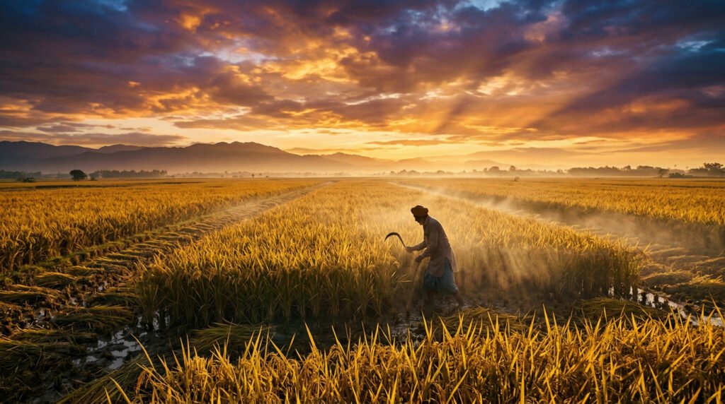 Basmati rice paddies at golden hour in Punjab with Himalayan foothills in the distance