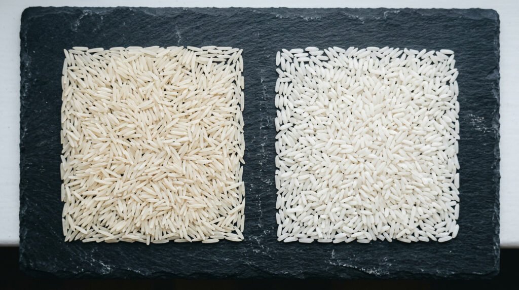 Side-by-side comparison of basmati rice and long grain white rice on a dark slate surface