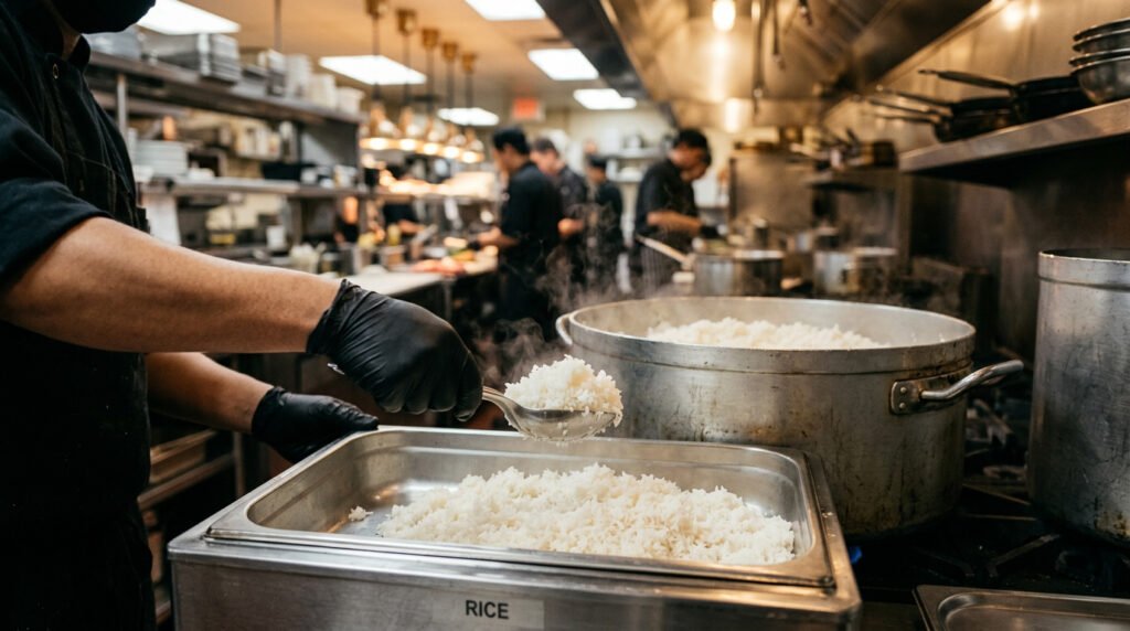 Gloved hands serving rice into a hotel buffet tray in a professional commercial kitchen