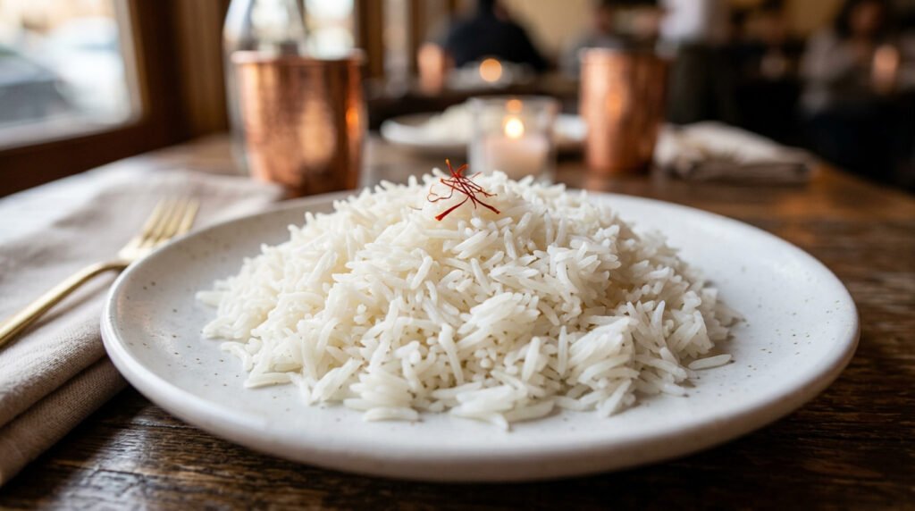 Plate of perfectly cooked basmati rice with elongated, separated grains and a saffron garnish