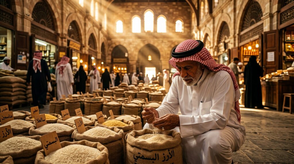Procurement buyer inspecting premium basmati rice grain quality at a GCC wholesale market