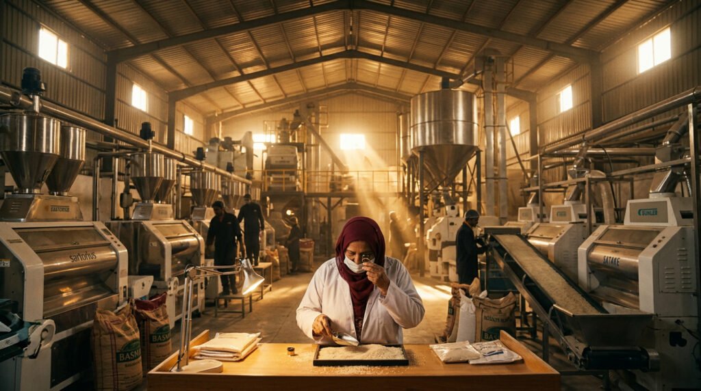 Quality inspector examining premium basmati rice grains inside a Pakistani rice mill