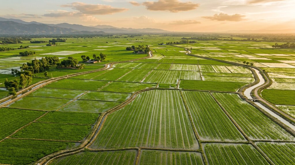 Aerial view of Pakistani rice paddy fields during the Kharif growing season