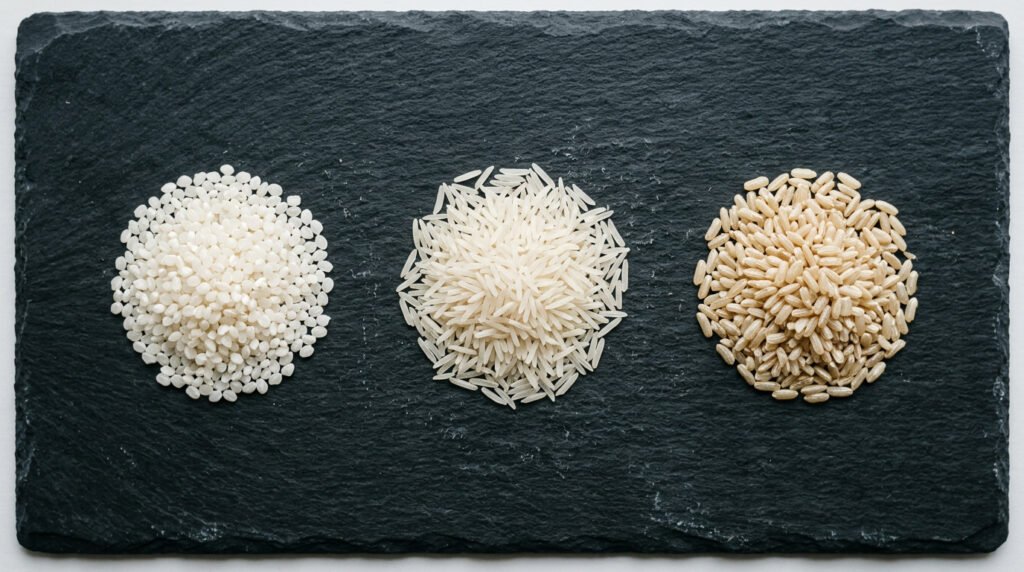 Three varieties of raw Pakistani rice displayed side by side showing differences in grain length and colour