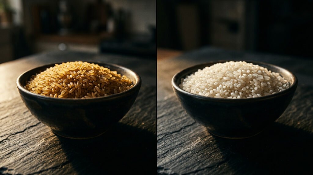 Side by side comparison of parboiled rice and white rice in ceramic bowls on dark slate