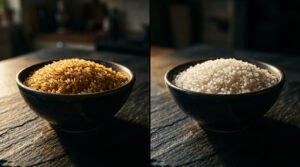 Side by side comparison of parboiled rice and white rice in ceramic bowls on dark slate