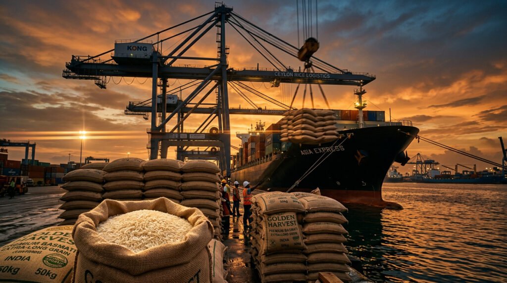 Certified basmati rice sacks being loaded onto a container vessel at an export port