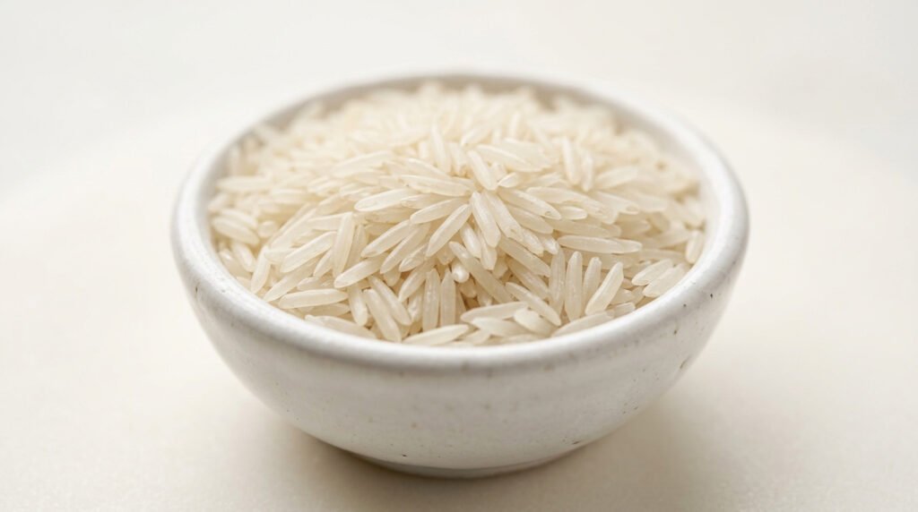 Macro close-up of raw basmati rice grains in a white ceramic bowl showing uniform grain length and quality