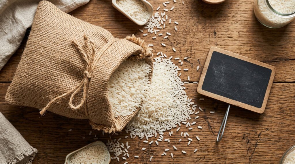 Open burlap sack of white rice with price tag on wooden surface representing seasonal rice procurement