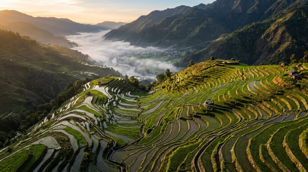 Aerial view of terraced basmati rice paddies carved into Himalayan foothill slopes