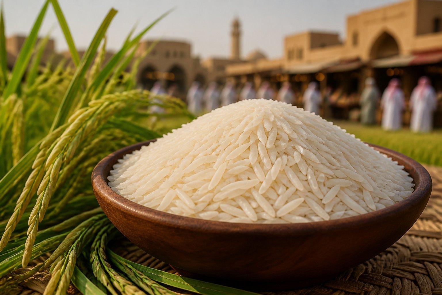 Close-up of Super Kernel Basmati rice grains in a wooden bowl with green rice stalks and a blurred marketplace background.