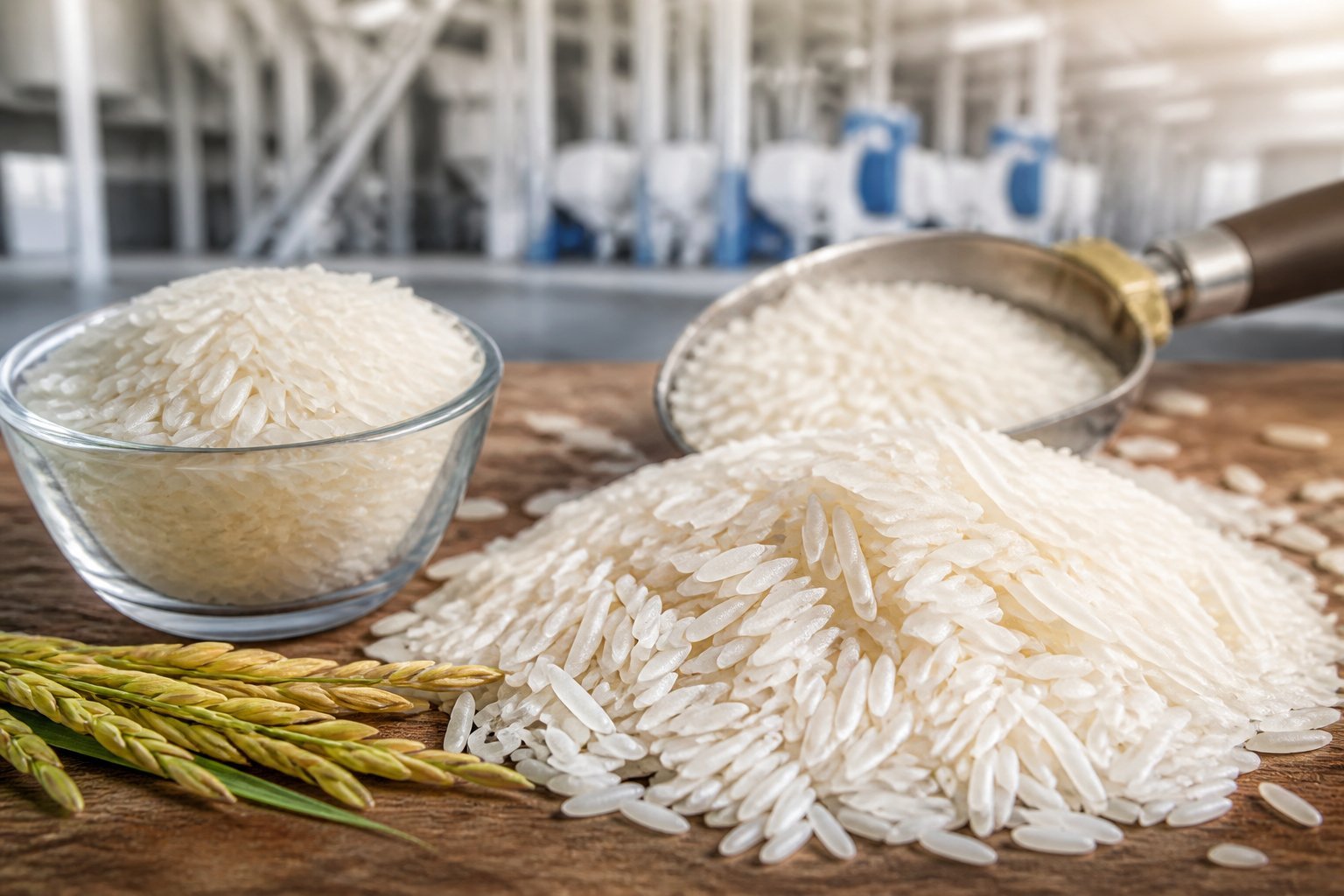 Close-up of long, slender basmati rice grains arranged on a wooden surface with a measuring scoop and a small bowl of rice, set against a blurred background of a clean processing facility.