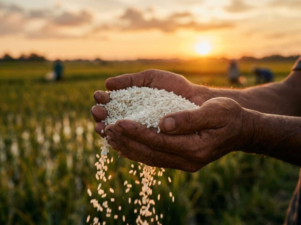 Hands holding a sample of 100% broken white rice against a rice field at sunset
