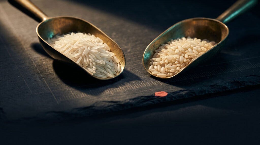 Side-by-side comparison of 1121 basmati and Super Kernel basmati grains showing length and shape differences.
