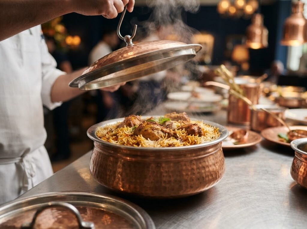 1121 golden sella basmati rice served as biryani in a hotel restaurant kitchen