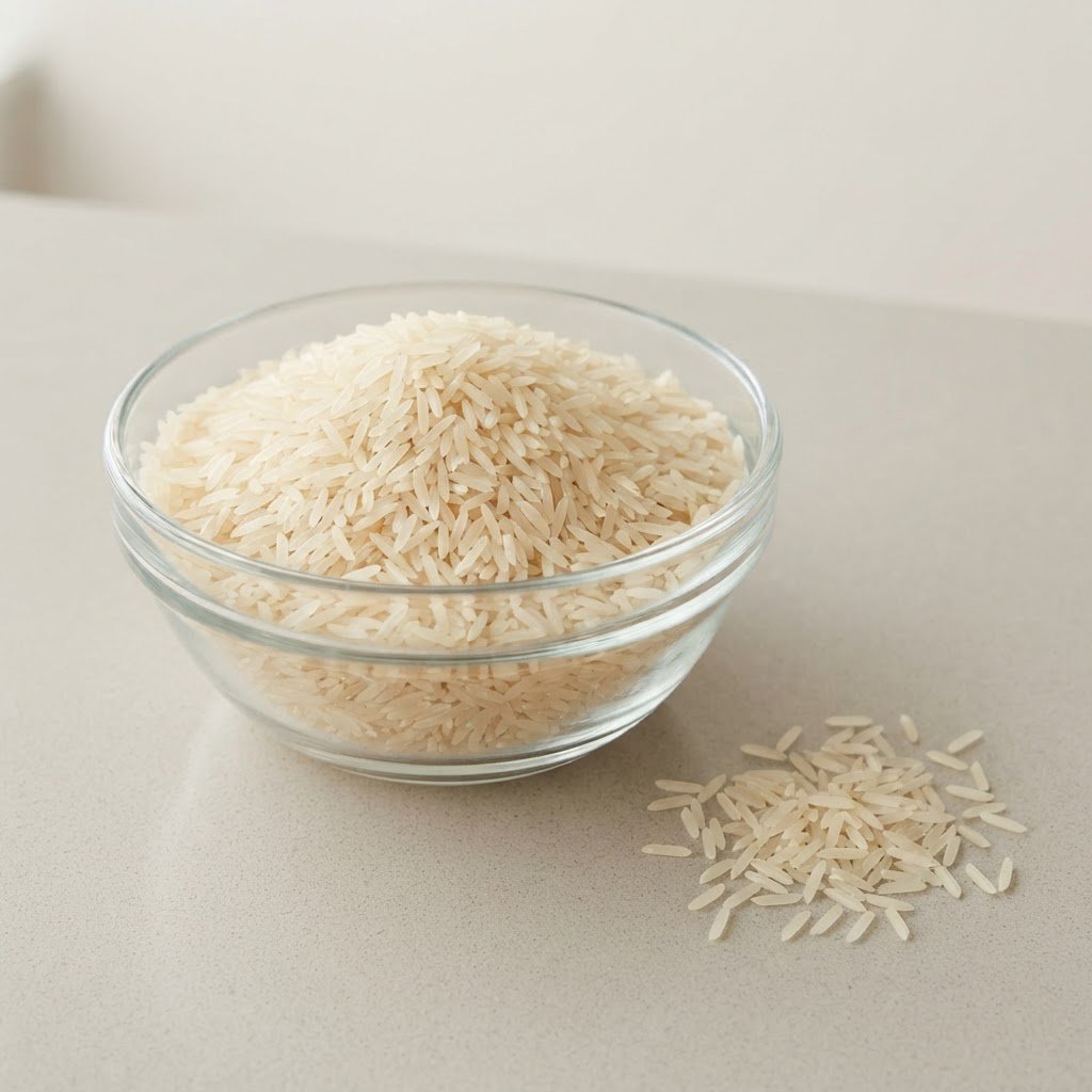 1121 white sella basmati rice, also called creamy sella, pale ivory grains in a clear bowl