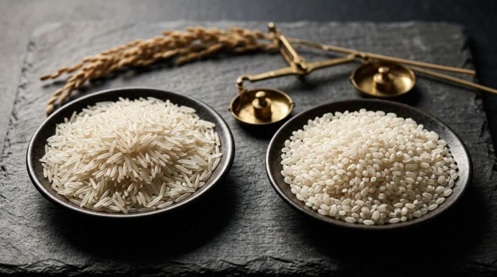 Uncooked 1509 basmati rice grains on a wooden surface showing long slender shape