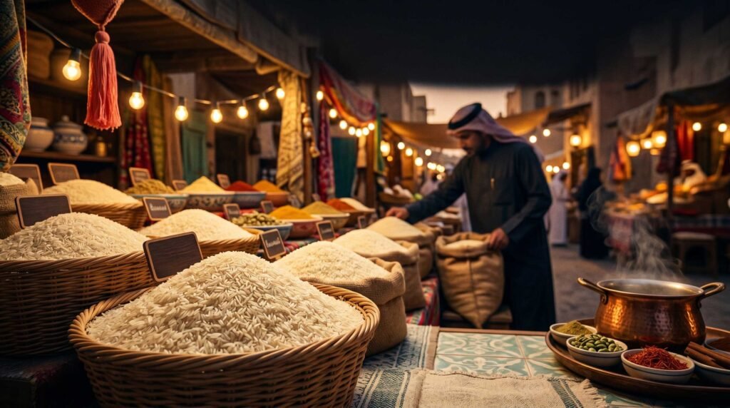 Baskets of premium basmati rice at a Gulf market representing rising basmati rice demand across the GCC.