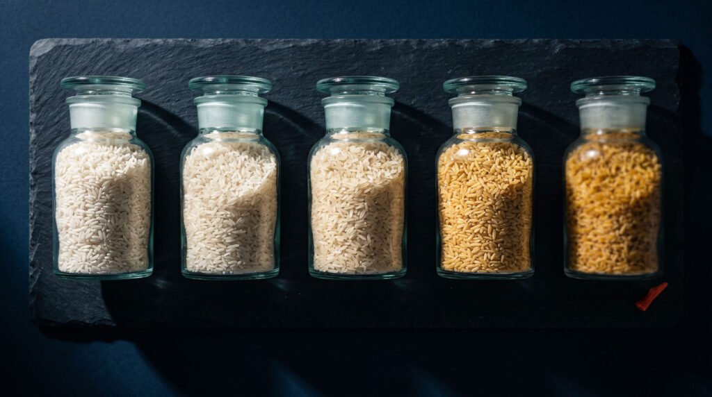 Glass jars of different basmati rice grades arranged for comparison, from raw white to golden sella varieties.