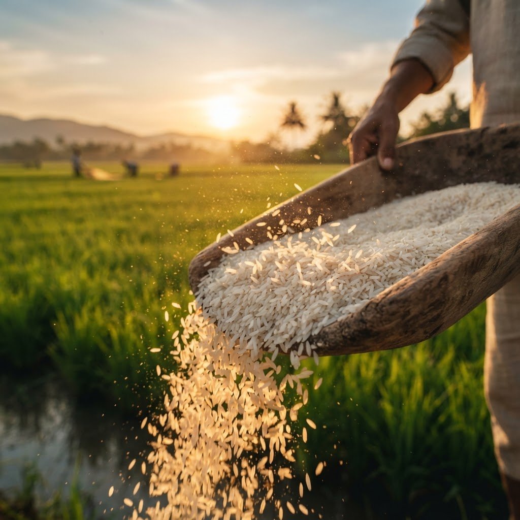 Premium basmati rice poured at harvest in the Pakistani paddy belt
