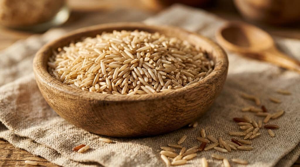 Brown basmati rice grains in a wooden bowl showing the intact tan bran layer