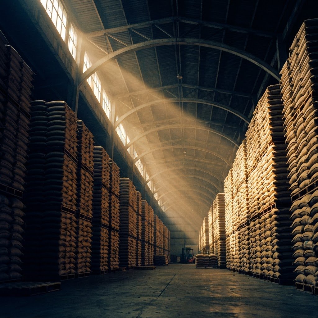 Stacked bulk rice bags in a warehouse ready for container loading