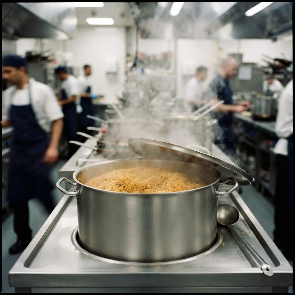 A large batch of 1121 golden sella basmati rice cooking unattended without spoiling