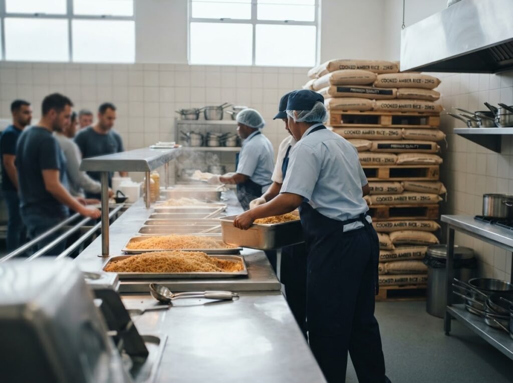 1121 golden sella basmati rice delivered in bulk to a labour accommodation camp kitchen
