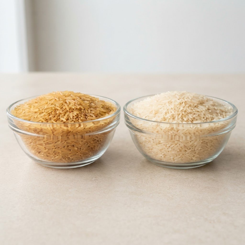 1121 golden sella basmati rice beside white sella basmati grains showing the colour difference