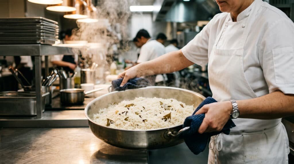 Chef preparing bulk basmati rice in a GCC hotel commercial kitchen for HORECA service