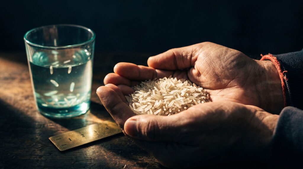 Hands examining raw basmati rice grains for length, color and aroma as part of a basmati quality test.