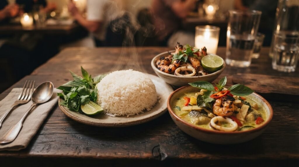 Steamed jasmine rice plated with Thai curry and seafood showing soft glossy grains