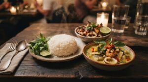 Steamed jasmine rice plated with Thai curry and seafood showing soft glossy grains