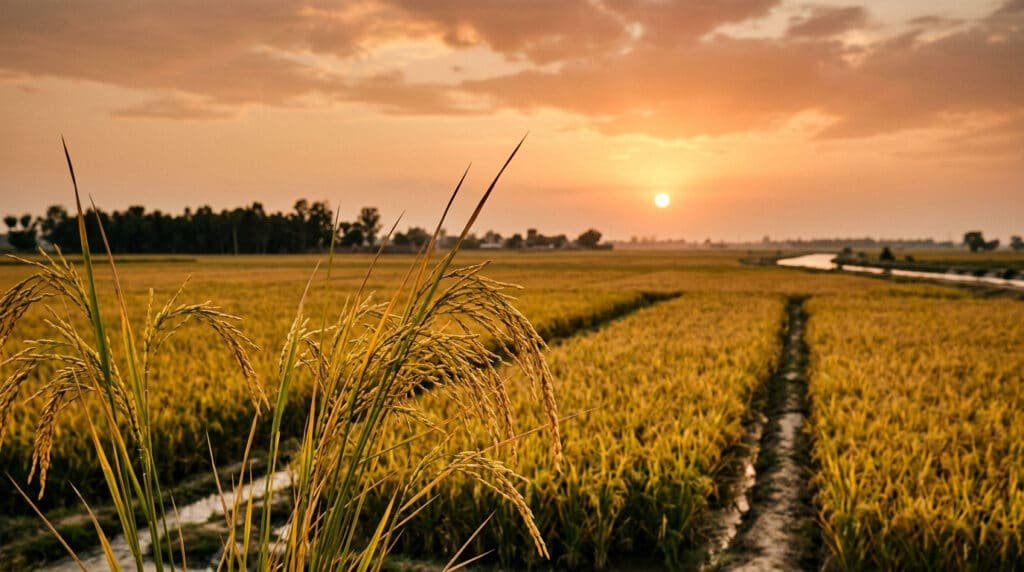 Kalar tract basmati paddy fields in Punjab Pakistan at golden hour before harvest