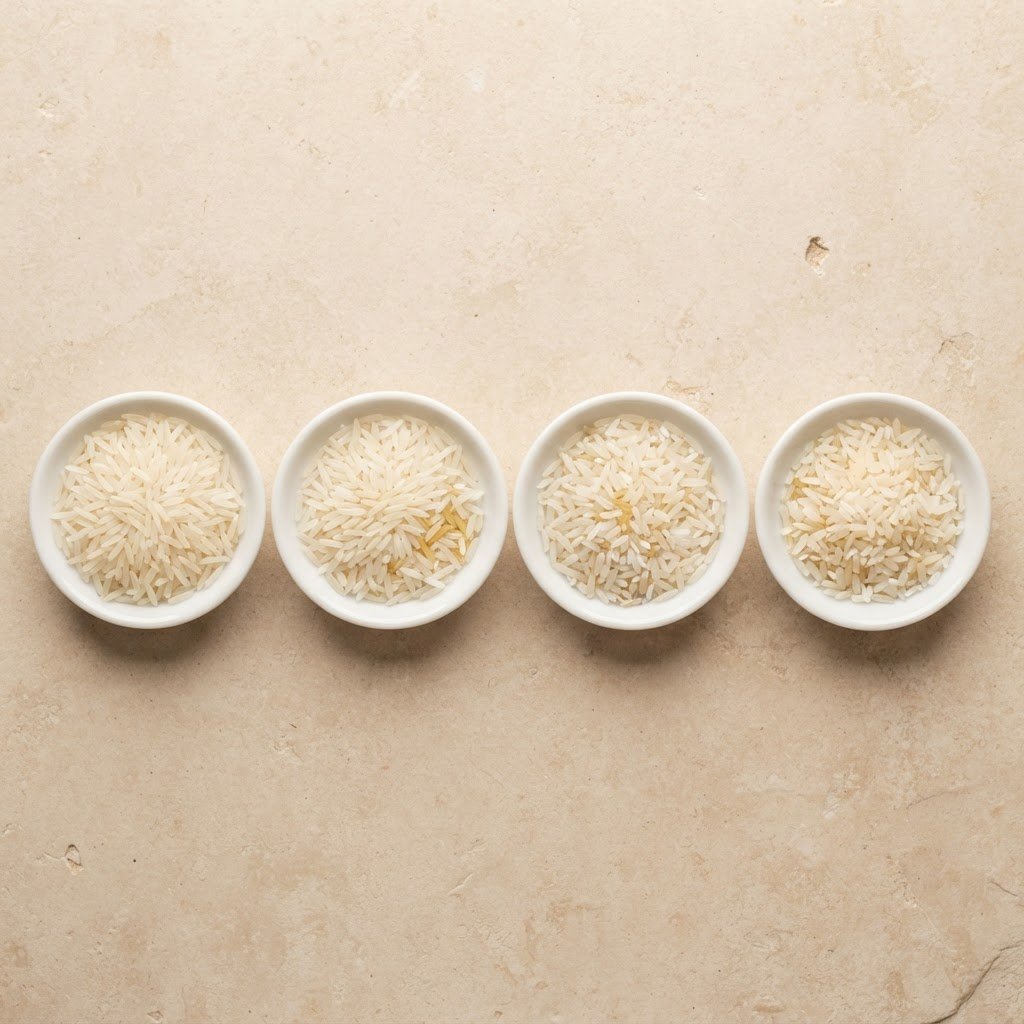 Four sample dishes of PK-386 rice showing one, five, fifteen and twenty five per cent broken grades