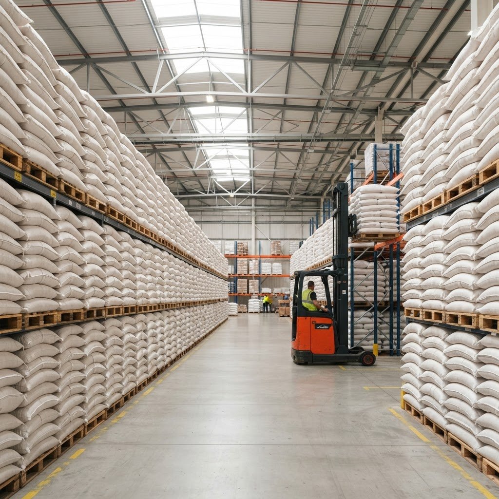 PK-386 long grain rice in 50kg woven sacks palletised in a distribution warehouse