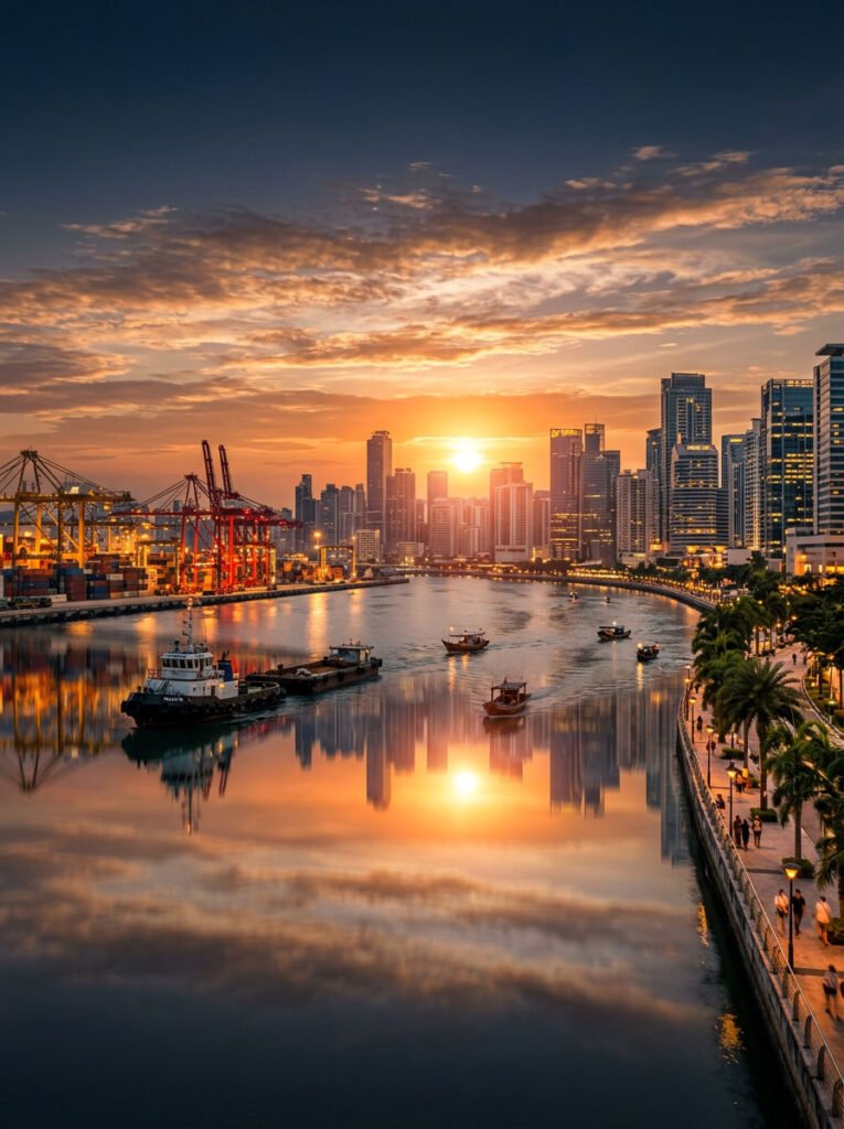 Southeast Asian harbour city skyline at dusk, the Asian market for PK-386 long grain rice