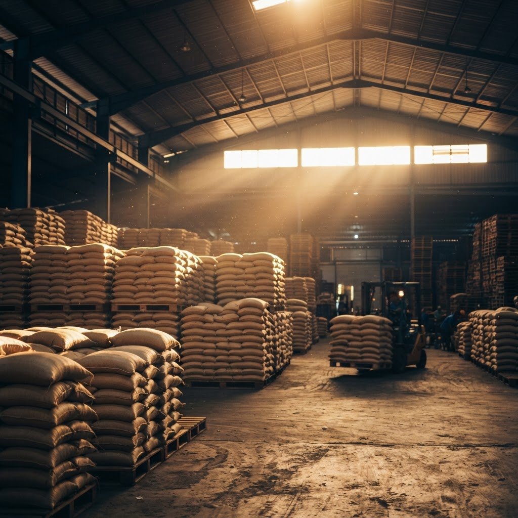 Stacked bulk sacks of PK-386 long grain rice in a distribution warehouse