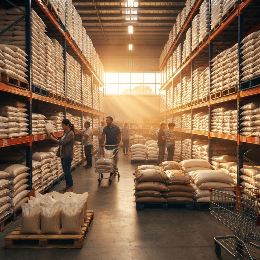 Retail bags of long grain rice stacked on a cash and carry aisle shelf