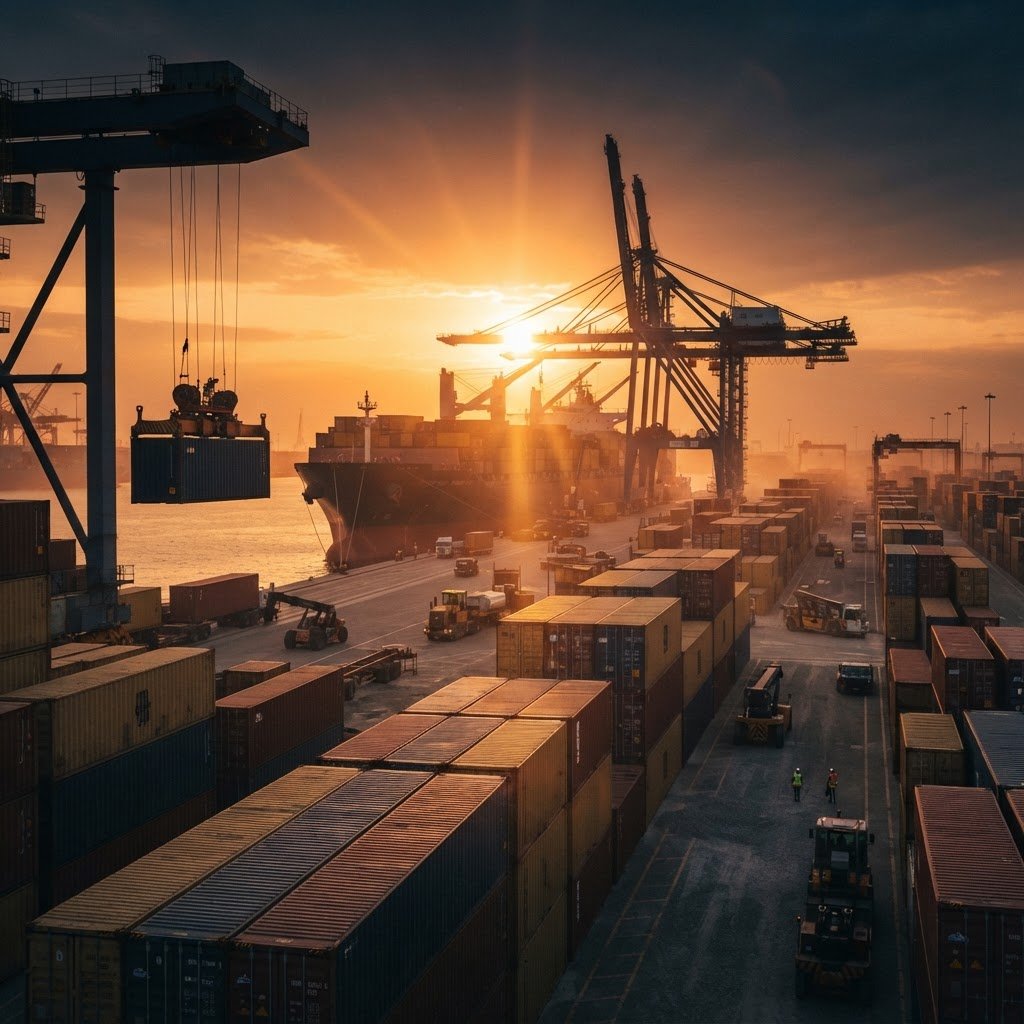 Shipping containers of Pakistani long grain rice being handled at a port