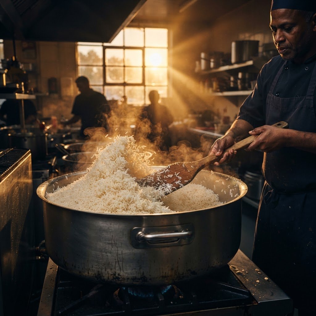 PK-386 long grain rice cooked in a large catering pot, grains staying separate