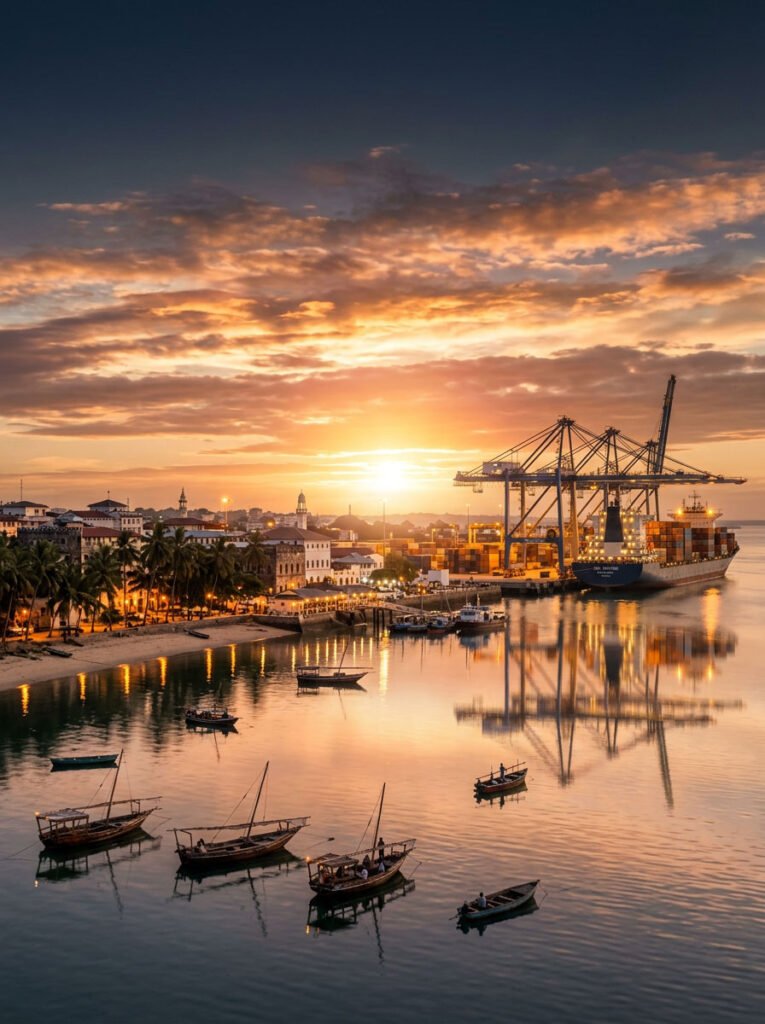East African coastal port city at sunset, the Mombasa and Dar es Salaam market for PK-386 rice