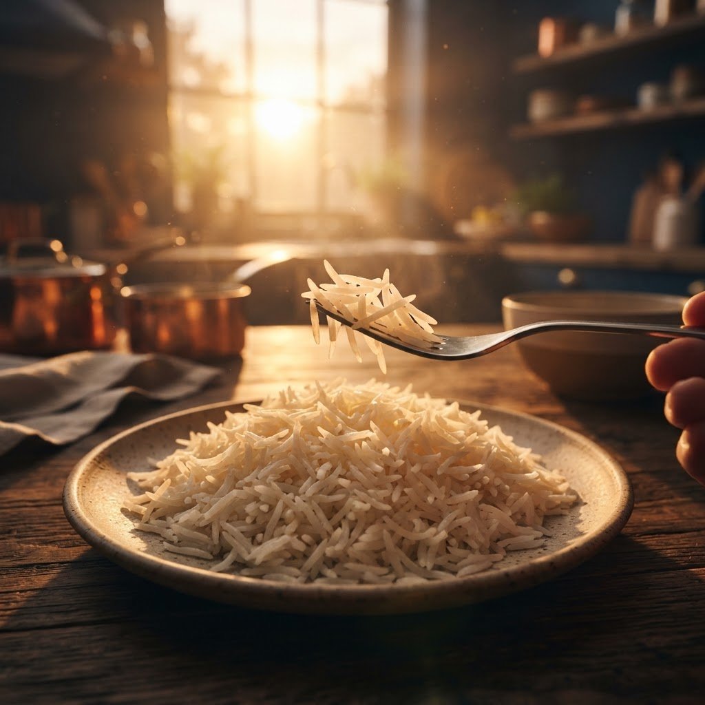 A plated serving of PK-386 long grain rice showing long separate cooked grains