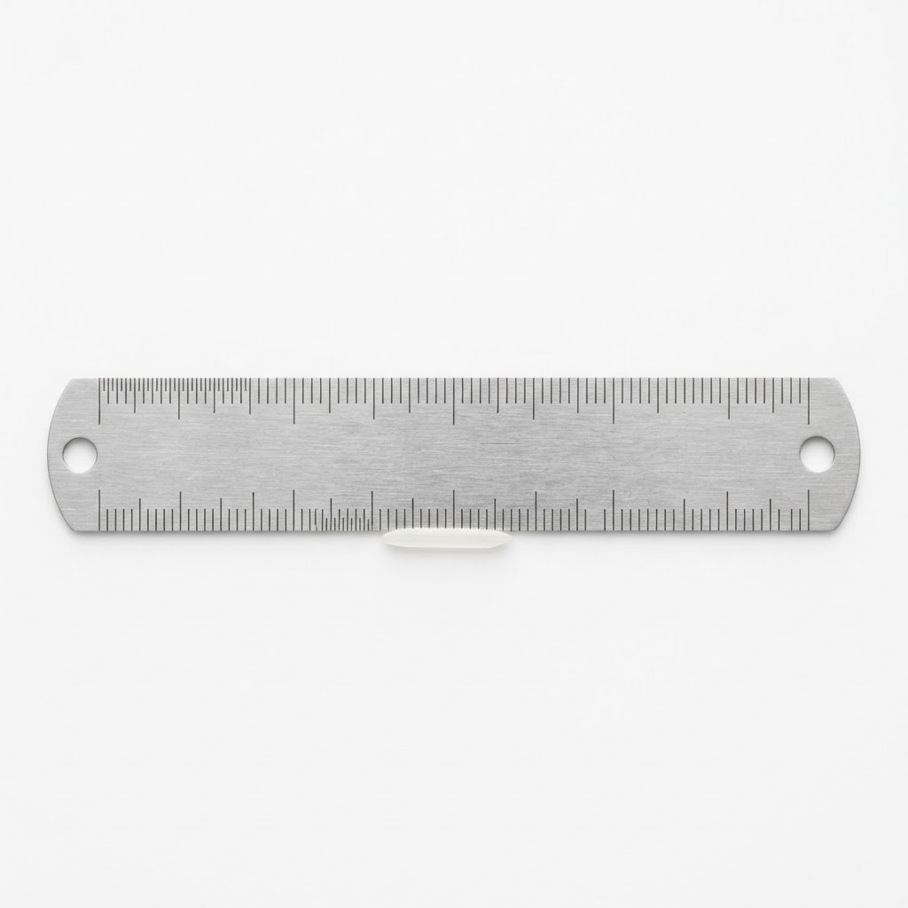 A stainless steel ruler measuring the length of a single PK-386 rice grain