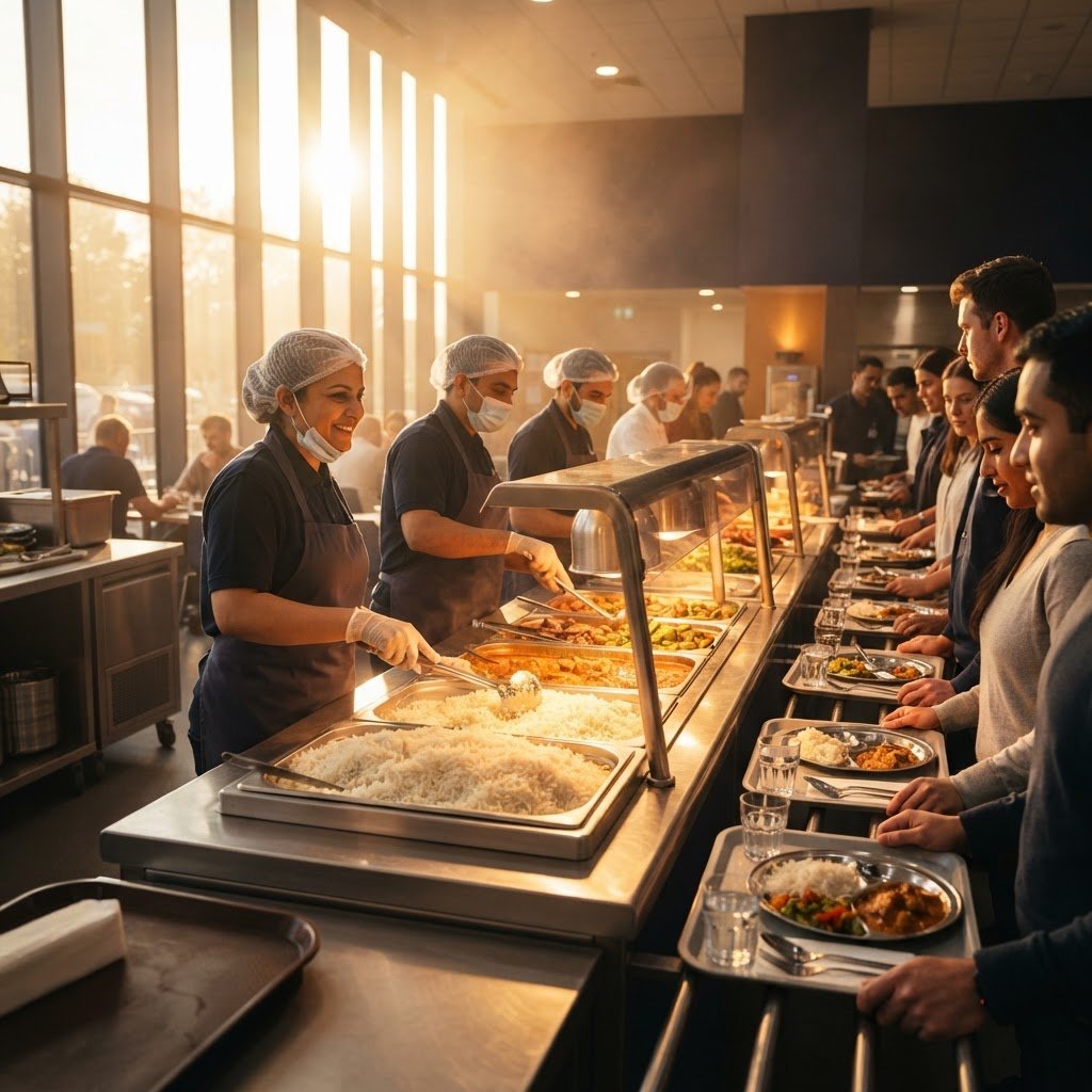 An institutional canteen serving line with long grain rice in warm trays