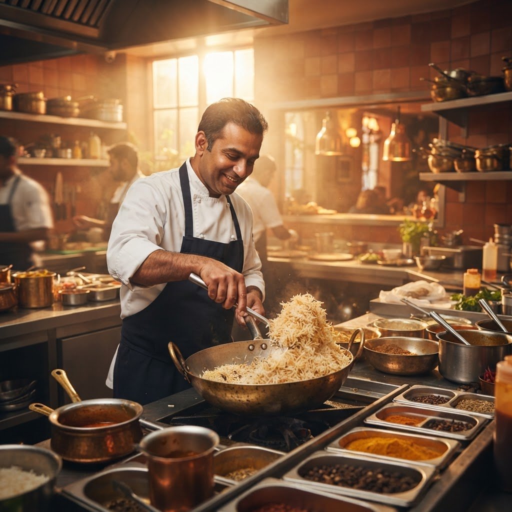 A busy mid-market South Asian restaurant kitchen cooking long grain rice
