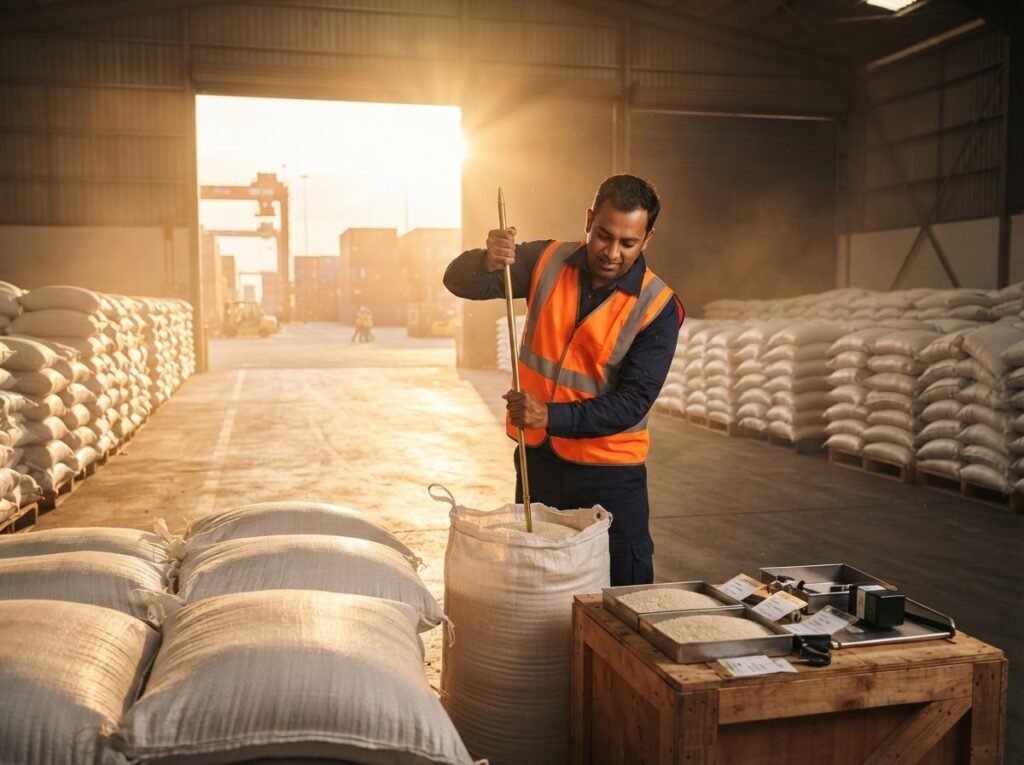 A pre-shipment inspector drawing a sample from a sack of long grain rice at a port warehouse