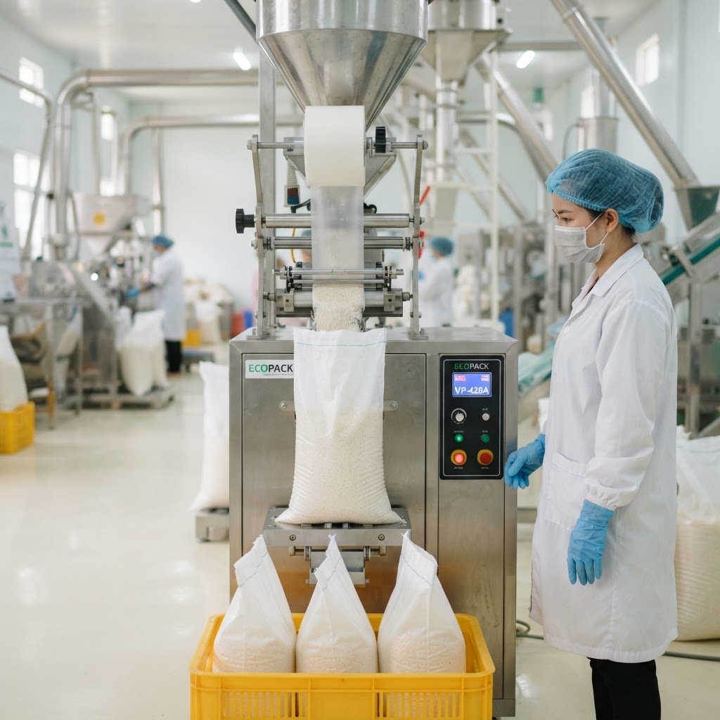 Rice bags being filled and sealed on a mill packing line