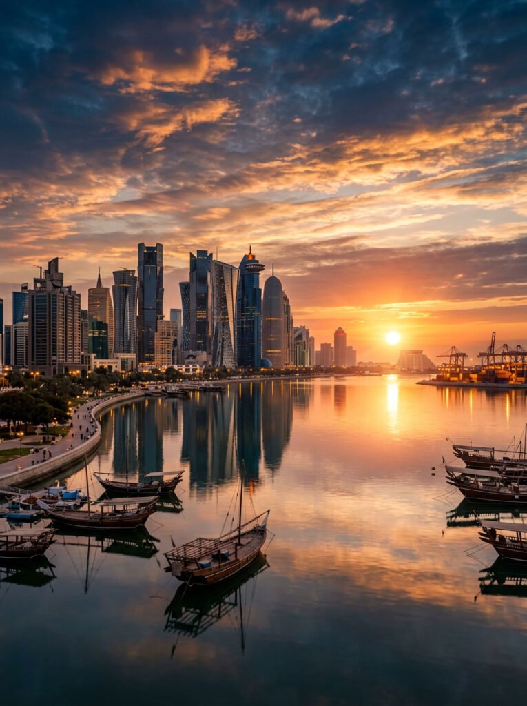 Doha waterfront skyline at golden hour, the Qatar and GCC market for PK-386 long grain rice
