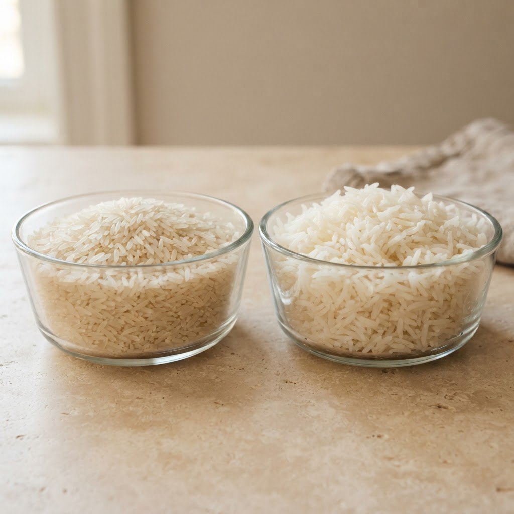 PK-386 long grain rice raw grains beside cooked grains showing the elongation